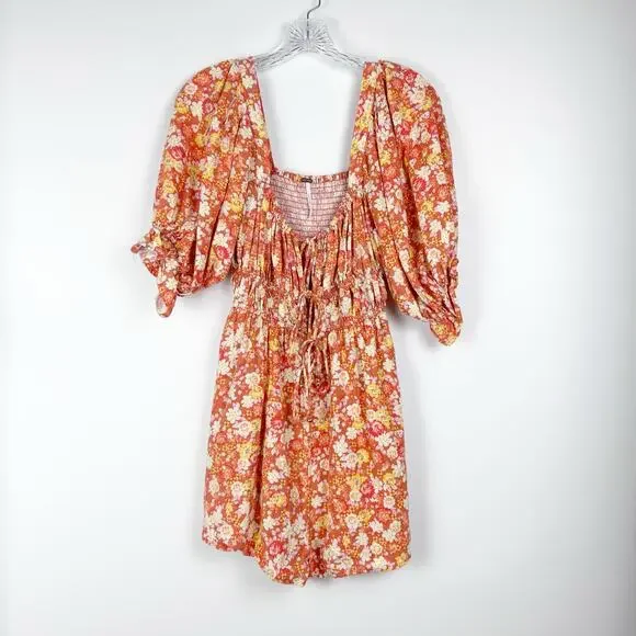 Free People Show Me Love Romper Orange Floral Puff Sleeve Smocked Womens Size S - Picture 4 of 14